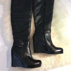NEW Over Knee Wedge Black Leather Platform Boots